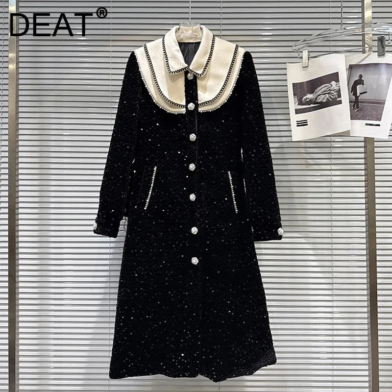 Winter New Elegant Temperament Pearl Edge Shawl With Belt Cotton Lined Trench Coat For Women Windbreaker 11A07739