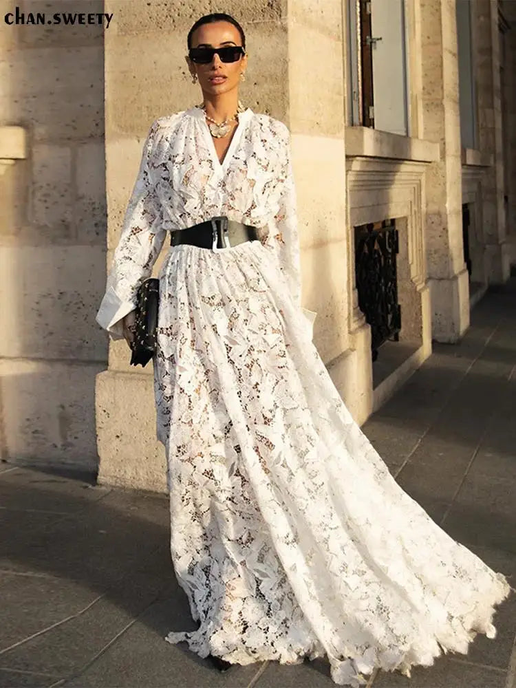 Spring Solid Lace Hollow Out Maxi Dress Women Fashion Lapel Long Sleeves Slim Dresses Elegant Female Party Club Robes