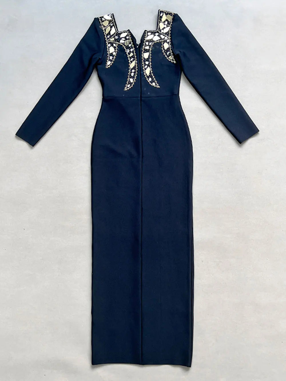 2024 Women's Heavy Industry Nail Bead Design Bandage Dress V-neck Long Sleeve Bodycon Split Length Dresses Club Party Vestido