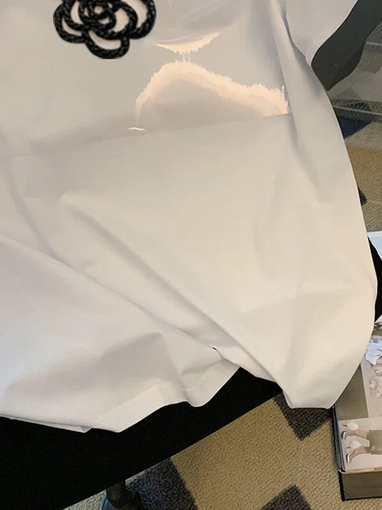 Summer Short Sleeved Stereo Flower T-Shirts Woman Clothes Ropa De Mujer New O Neck Y2k Fashion Top Female White T Shirt