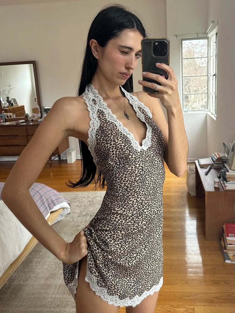 Mozision Leopard Print Backless Sexy Mini Dress For Woman Robe Contrast Color Halter Deep V Neck Sleeveless A-line Club Dress