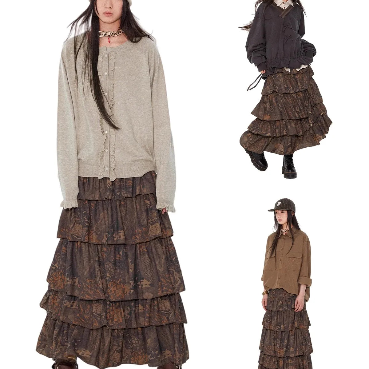 Lautaro Spring Long Soft Flowy Colorful Floral Print Tiered Midi Skirt Women High Waist High Quality Luxury Designer Clothes Black