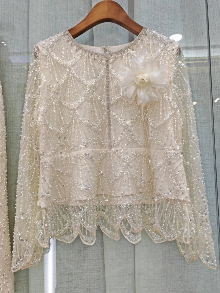 Spliced Bead Luxurious Two Piece Sets for Women Round Neck Long Sleeve Patchwork 3D Flower Top Skirt Set Female New