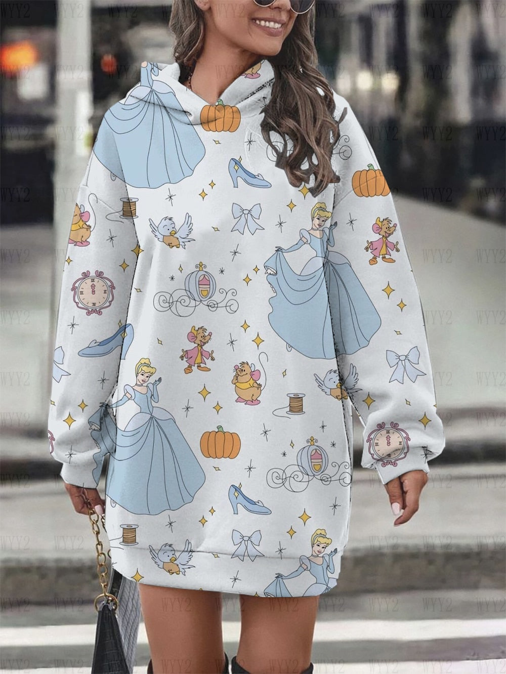 Women's Hoodie Dress Fall Fashion Print Long Sleeve Hooded Dress Women Disney Mermaid Women's Sweatshirt Streetwear
