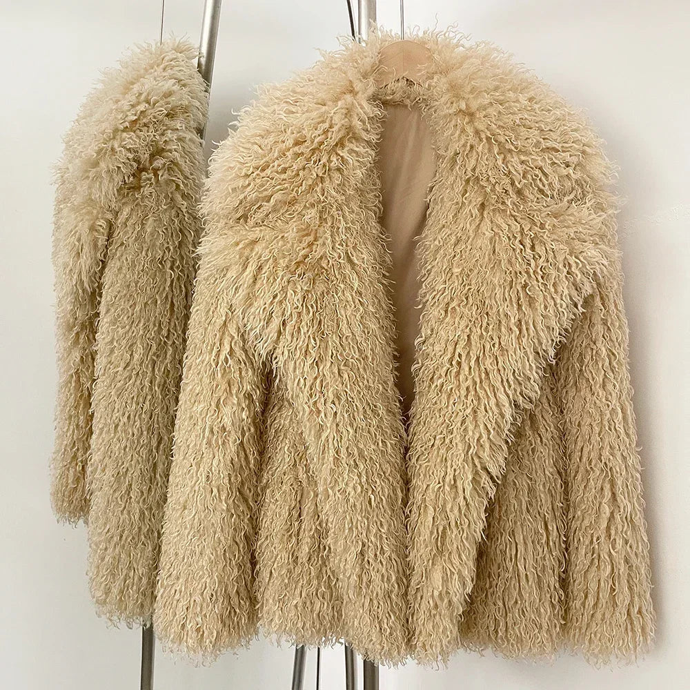 Faux Fur Jacket Women Fur Coat Warm Eco-friendly New in Winter Long Sleeve Female Office Lady Chic Faux Fluffy Fur Outerwear Milk tea