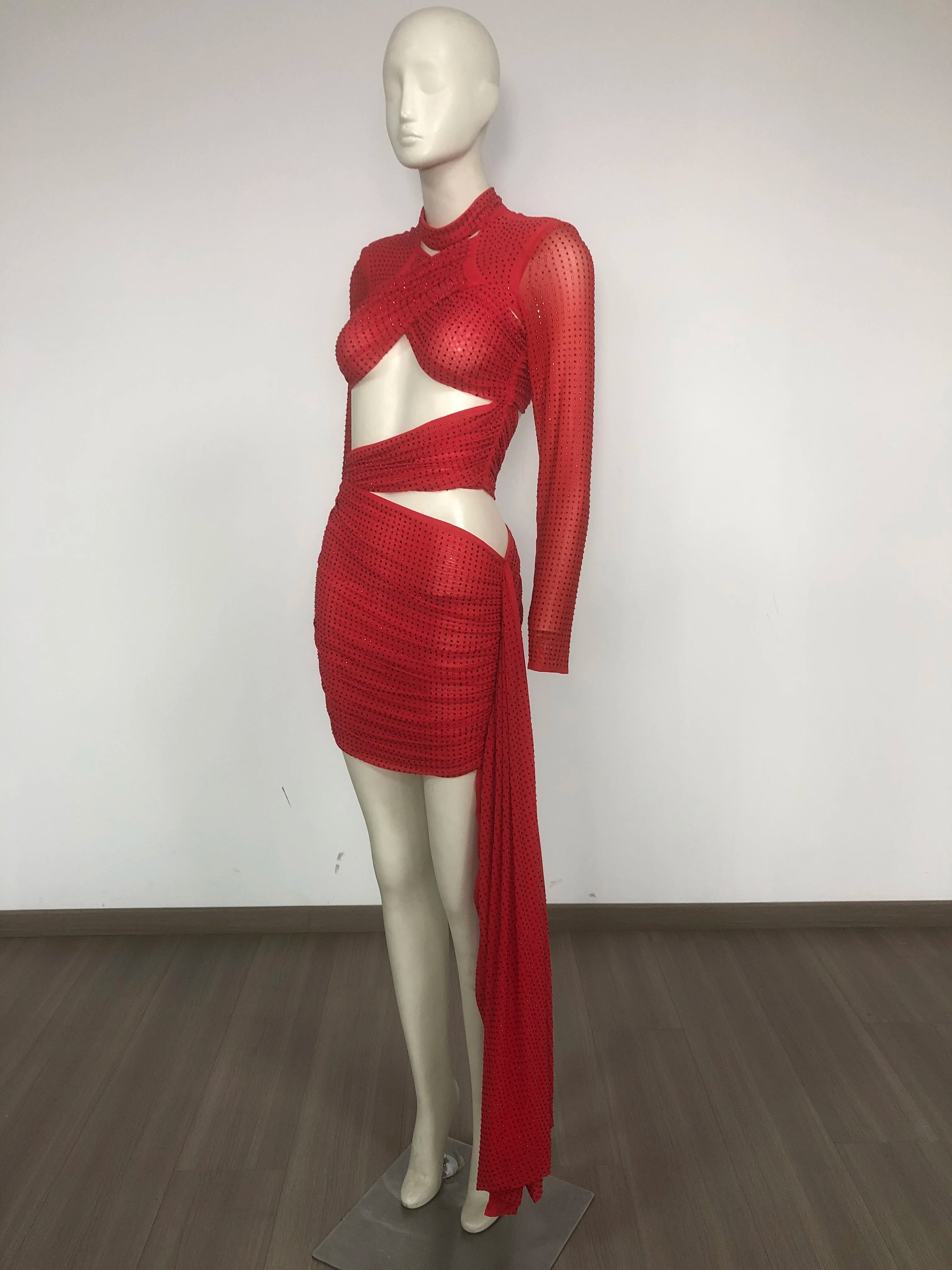 Shinning Rhinestones Women Long Sleeve Sexy Cross Keyholes Bodycon Mini Dress Celebrity Gashion Red Carpet Birthday Outfit