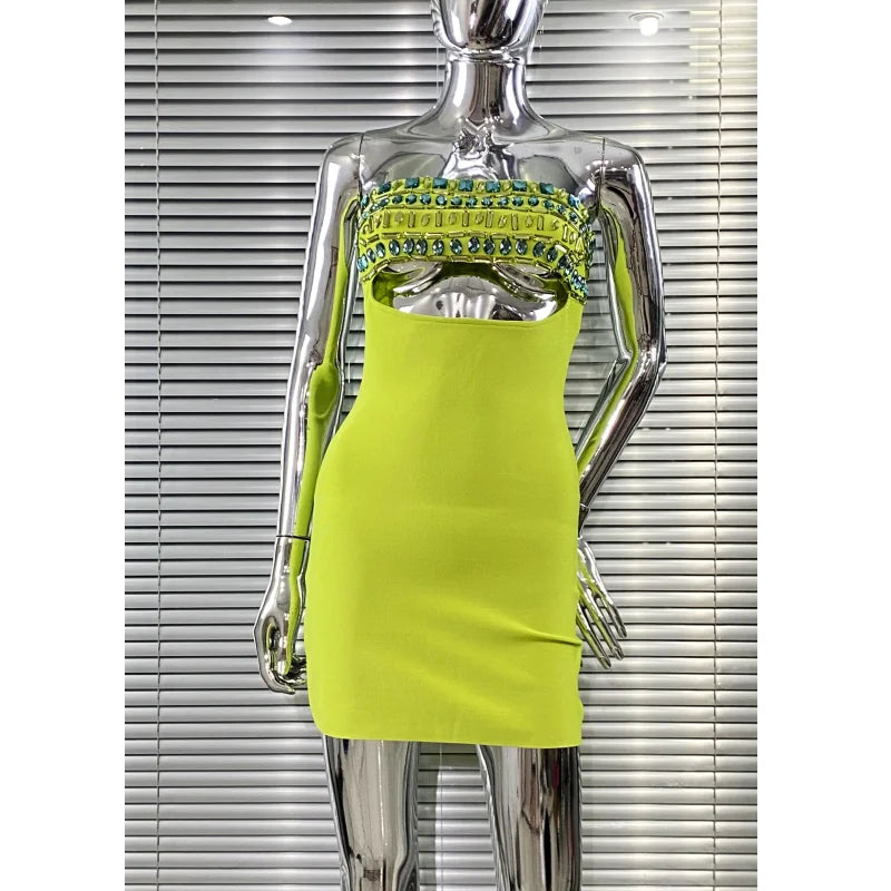 2025 Shining Diamonds Sexy Hollow Strapless Sheath Green Bandage Mini Dress Fashion Woman Party Dress Music Festival Outfit