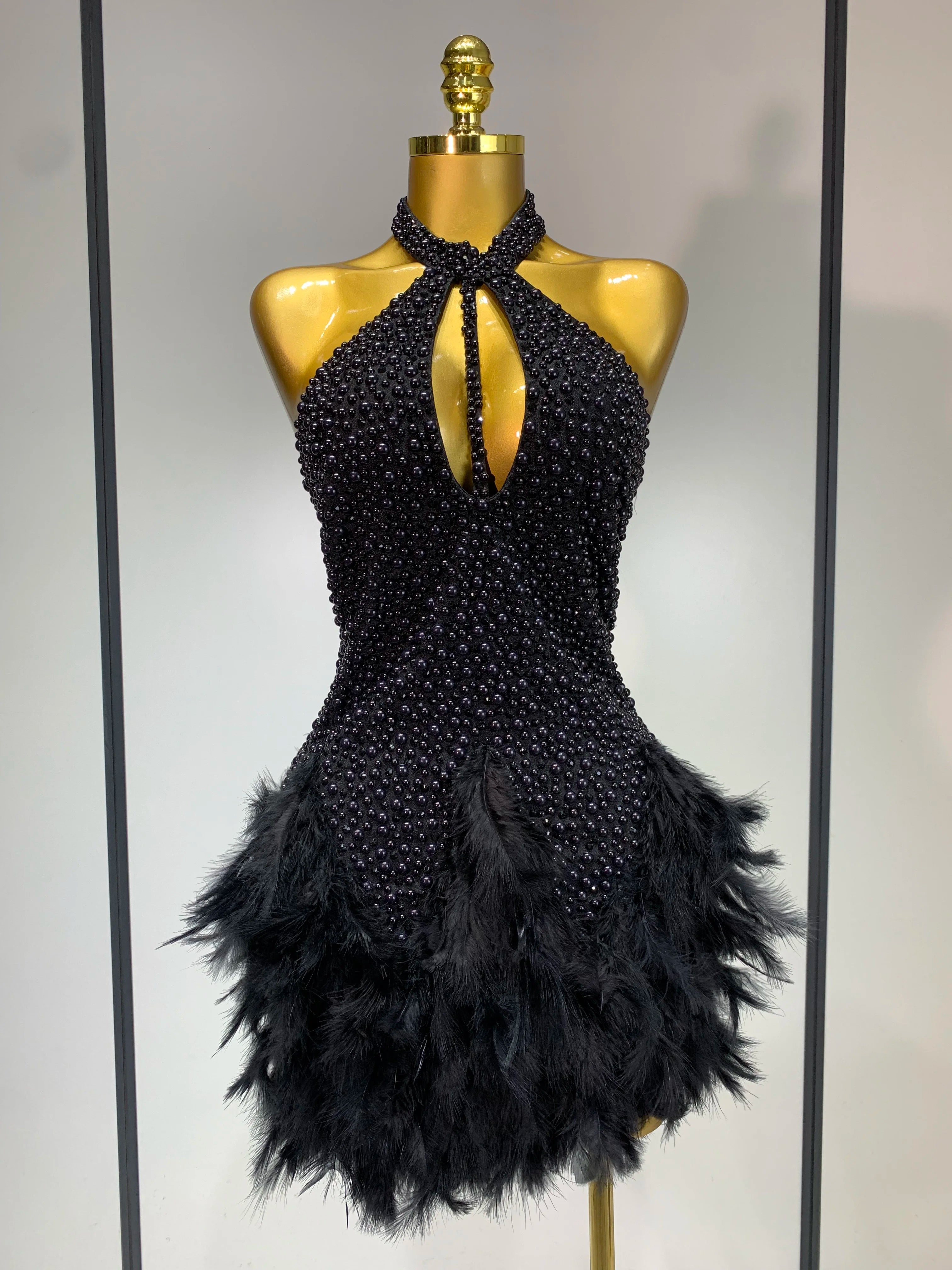 Sexy Backless Feathers Performance Costume Stage Dancer Black Mini Stretchy Nightclub Luxury Birthday Evening Party Dresses Black