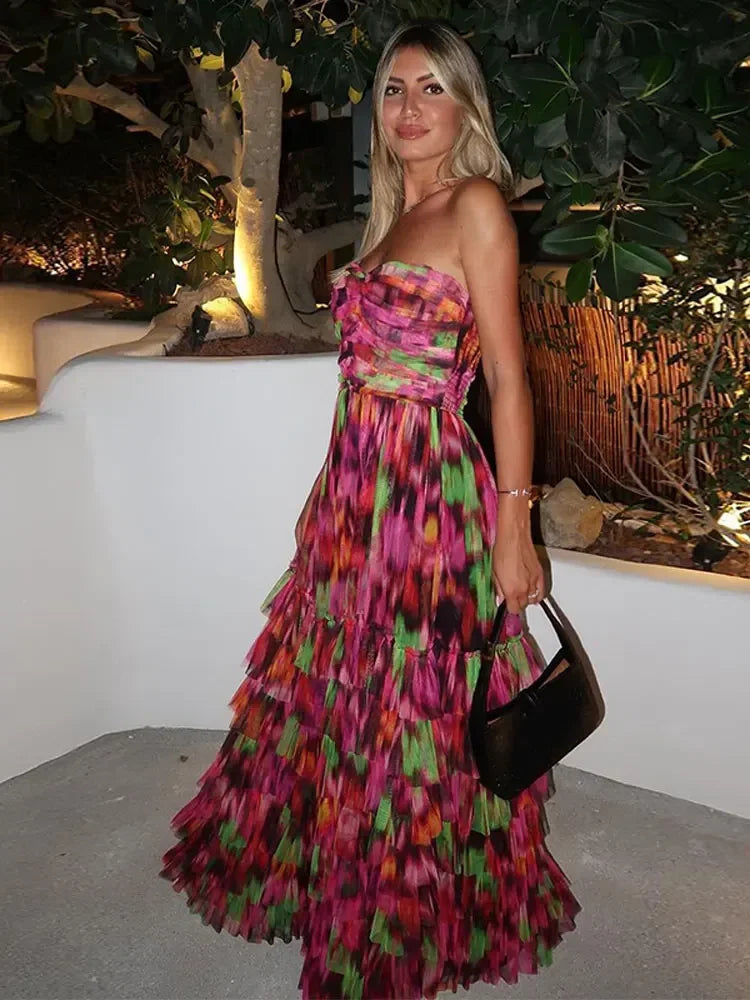 Colorful Strapless Long Dress Women Elegant Backless Patchwork Bodycon Dresses Summer Female Club Party Evening Vestidos As show