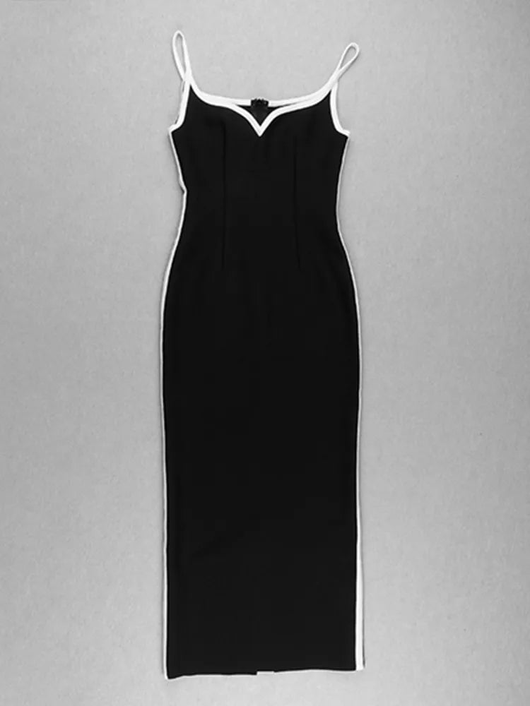 Newest Winter 2023 Sexy Strap Sleeveless Layer Black Long Bodycon Bandage Dress Designer Fashion Evening Party Dress Vestido