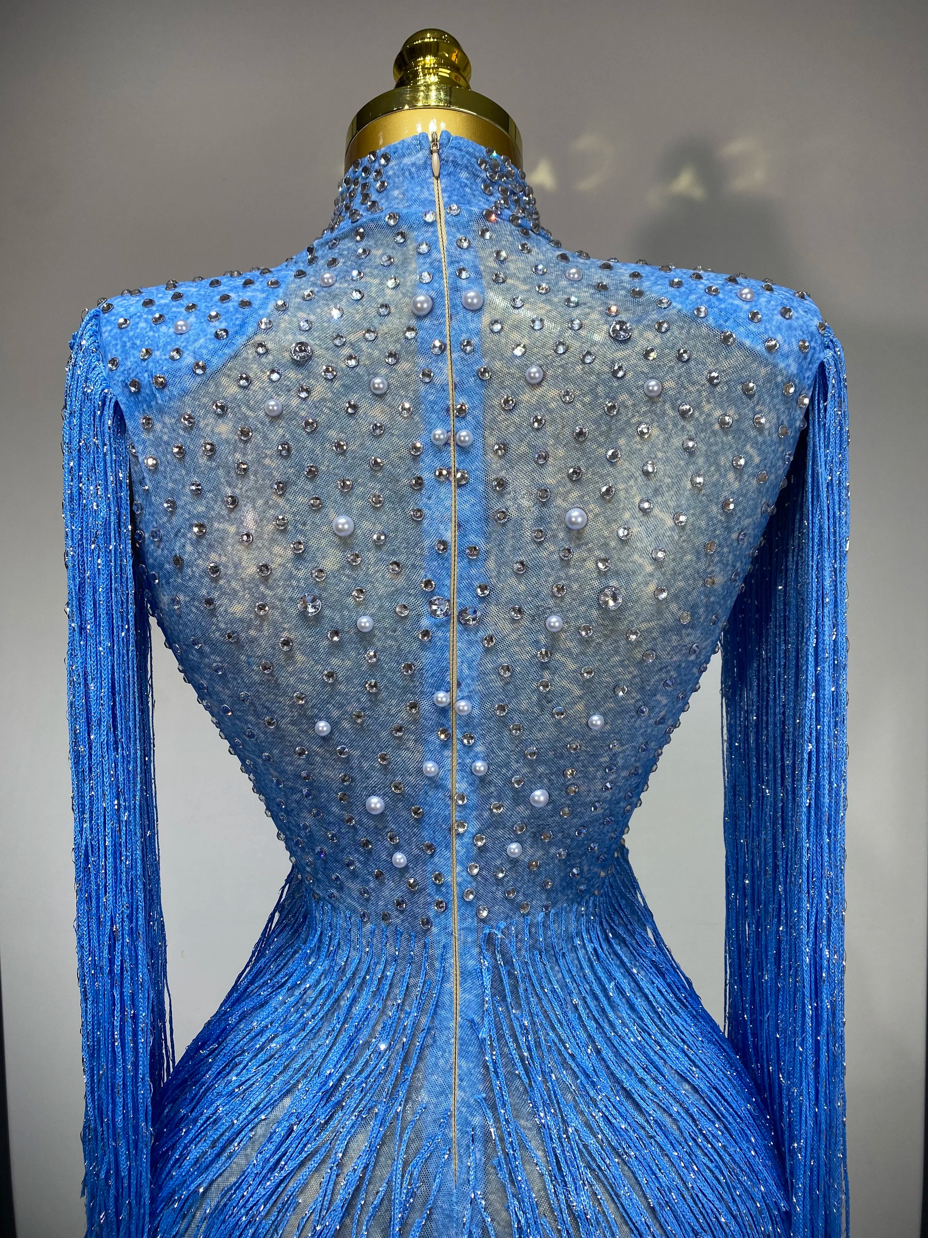 Sparkly Luxury Tassel Bodysuit High Street Strech Transparent Performance Dance Costume Nightclub Celebrate Stage Outfit