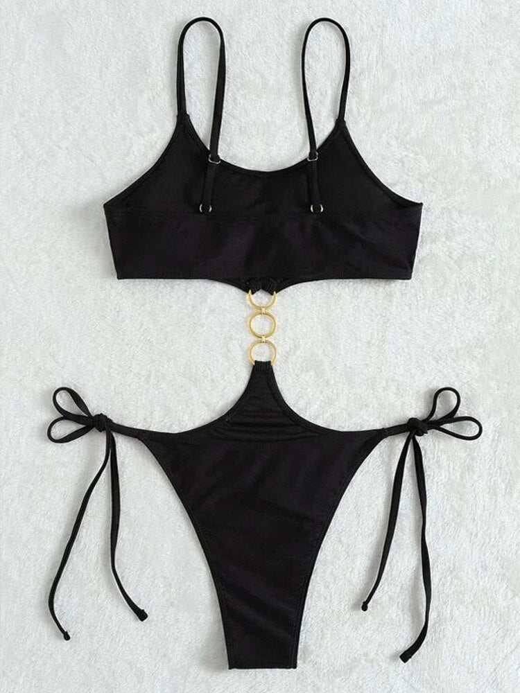 Sexy Black Strapped Swimwear - High Cut Push UP One Piece Swimsuit Monokini Backless Hollow Bathing Suit