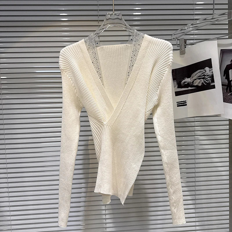 Winter New Fashion Deep V-Neck Rhinestone Mesh Edge Waist-Cinching Knitted Sweater For Women Slim Fit Tops 11A07808