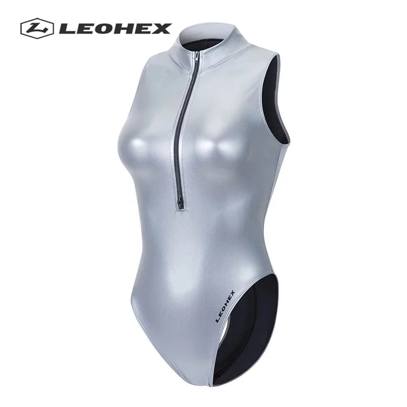 LEOHEX Sexy Matte Black Leotards Sleeveless Bodysuit High Cut One Piece Swimwear Women Swimsuits Japanese Bathing Suits Silver