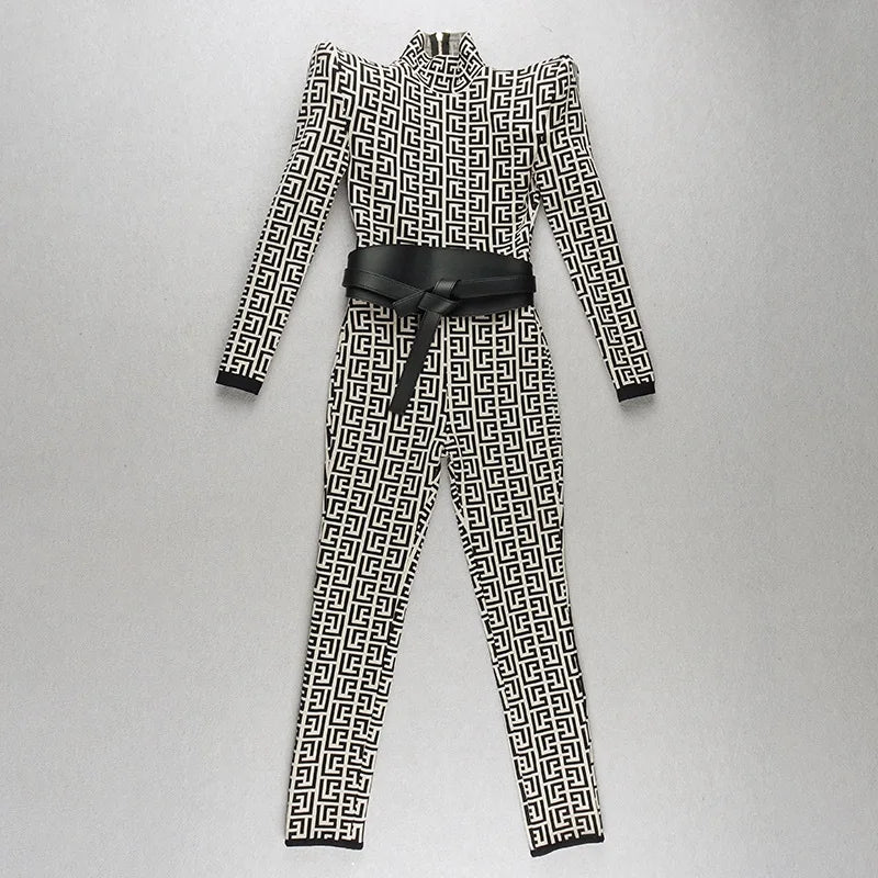 2024 Europe and America Fashion Sexy Round Neck High Neck Long Sleeve One-Piece Trousers Jacquard Black Sexy Cross-Border