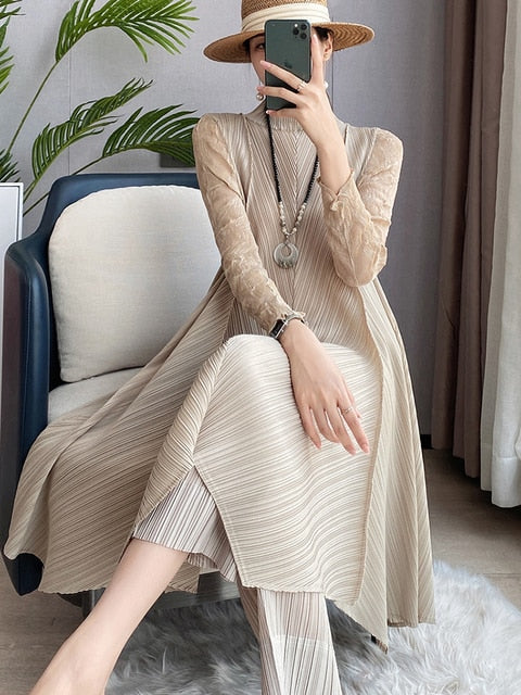 Sets Women Pleated Two Piece Set Fall Winter New Loose Casual Suit Lace Fashion Long Dress Top Pencil Pant Clothes Khaki One Size