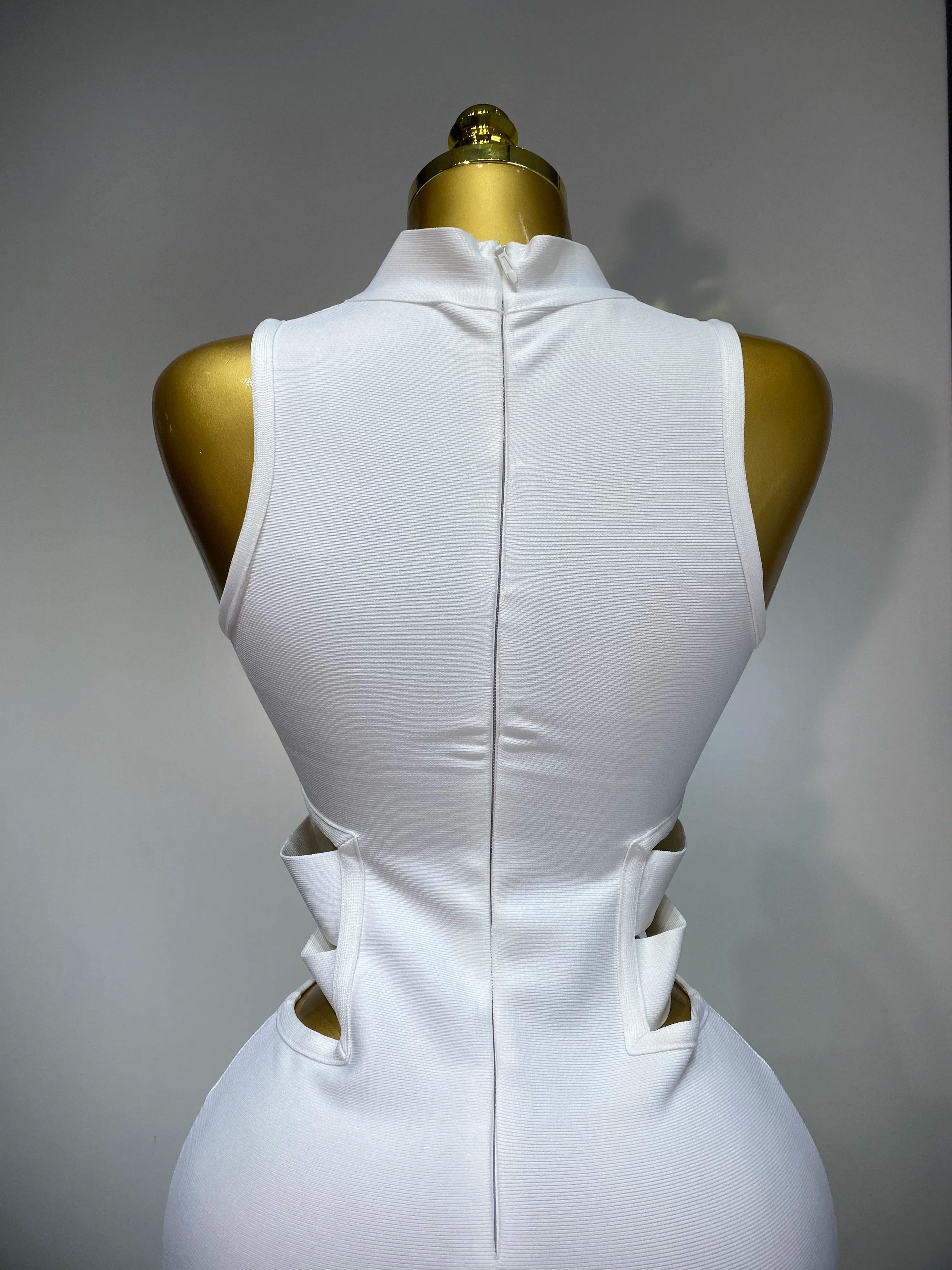 Women Sexy Turtleneck White Cut Out Midi Bodycon Bandage Dress 2025 White Elegant Evening Party Dress Luxury Birthday Dress