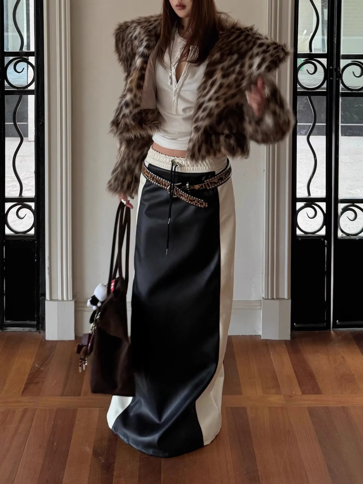 Lautaro Spring White and Black Patchwork Pu Leather Floor Length Straight Skirt Women with Back Slit Drawstring Elastic Waist