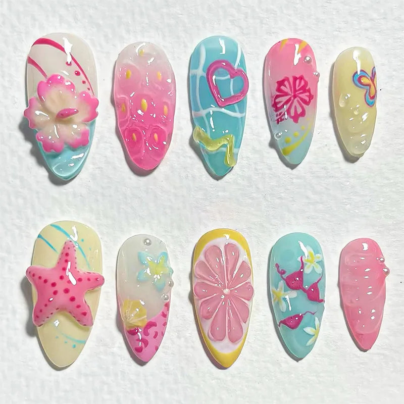 24Pcs 3D Green Ripple Design False Nails Cat's Eye French Almond Fake Nail Tips Leaves Pattern Removable Oval Press on Nails 2504-043