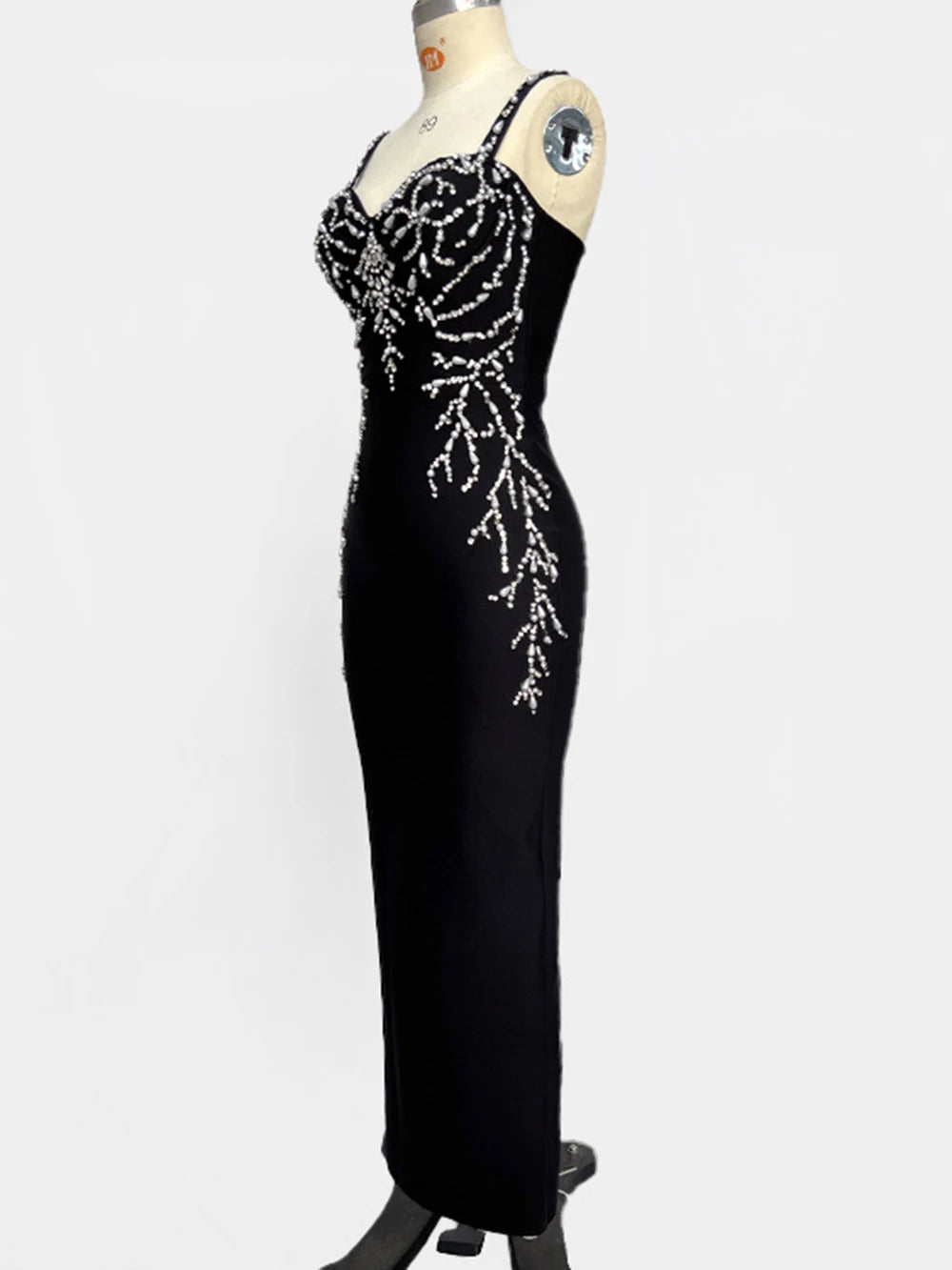 Ladies Diamond Beads Spaghetti Strap Backless Design Celebrity Evening Club Black Sleeveless Sexy Maxi Bandage Dress Vestidos