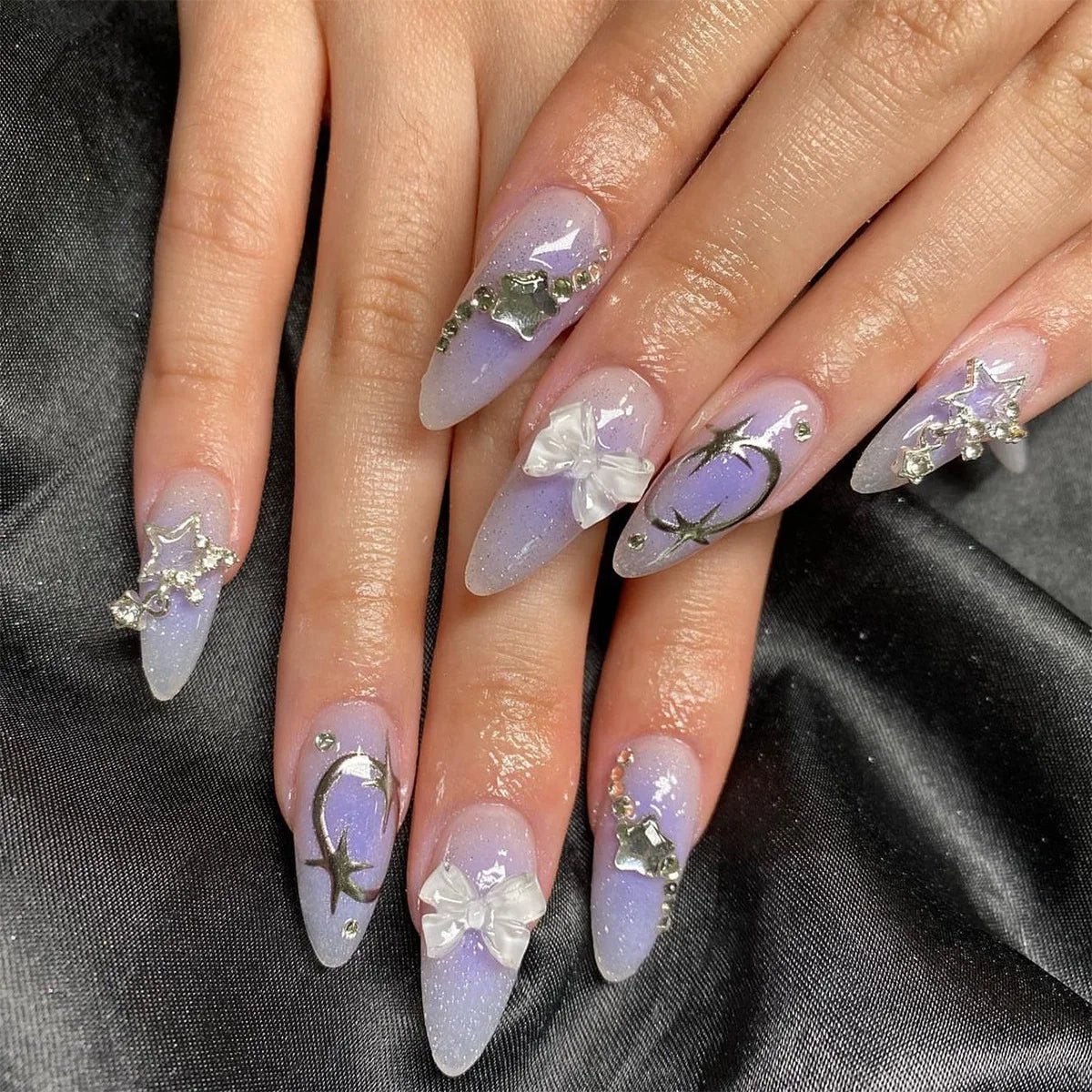 24Pcs 3D Bow French Press on Nails Set with Almond Design Long Stiletto Y2k Fake Nail Art Blue Wearable French False Nails Tips 2826