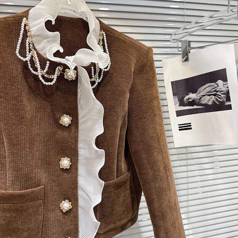 Winter New Fashion New Style Pearl Chain Cotton Jacket Corduroy Straight Pants Two-pieces Set For Women 11A07593