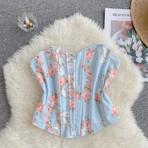 Women's Sexy Blended Camis Hot Sweet Print Solid Chest Wrap Elegant Irregulariity Floral Crop Top Holiday Single Breasted Tunics Blue