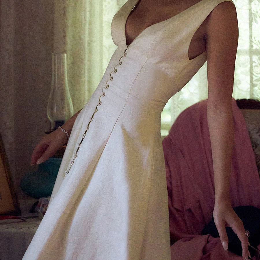 Women’s V Neck Tank Dress Low Cut Front Button A-line High Waist Backless Knee Length Dress for Party Club Wedding Night