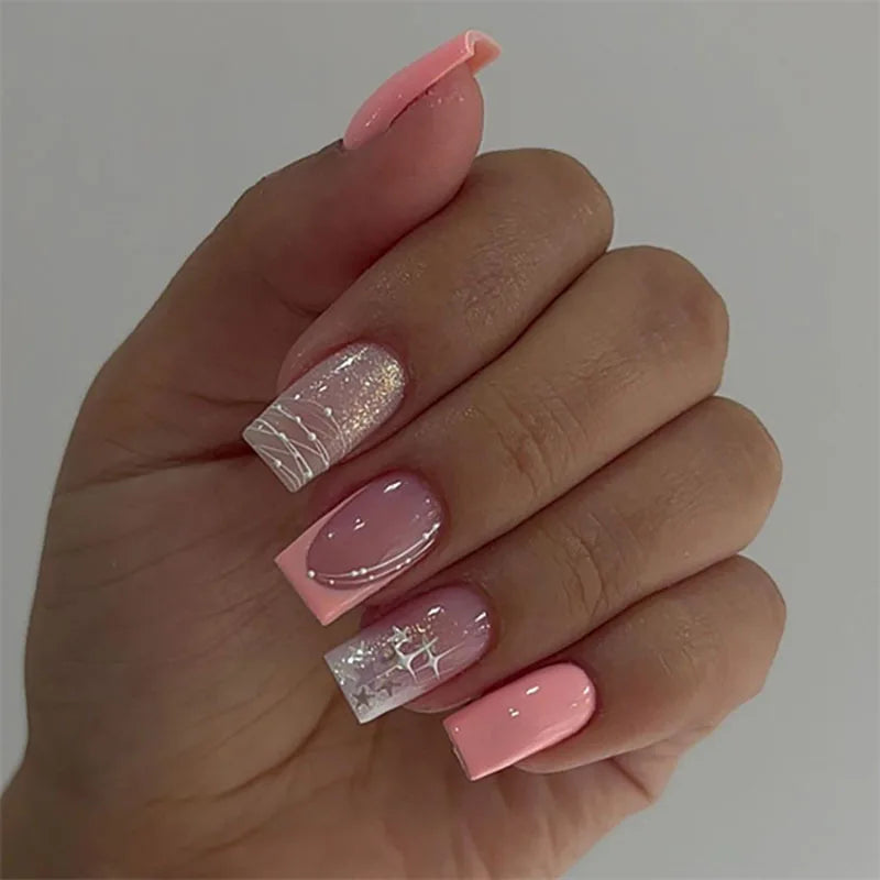 24Pcs Short Square Press on Fake Nails with French Stripe Pink Glitter Nail Set Art Finished Wearable Full Cover False Nail Tips 1