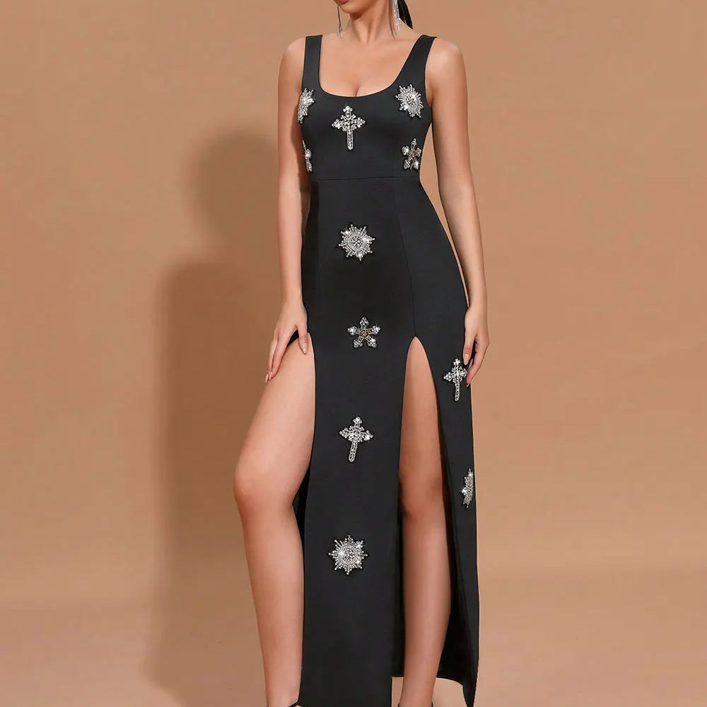 2025 Sexy Women's Light Luxury Nail Diamond Design Split Bandage Dress O-Neck Sleeveless Bodycon Black Long Dress Party Vestidos