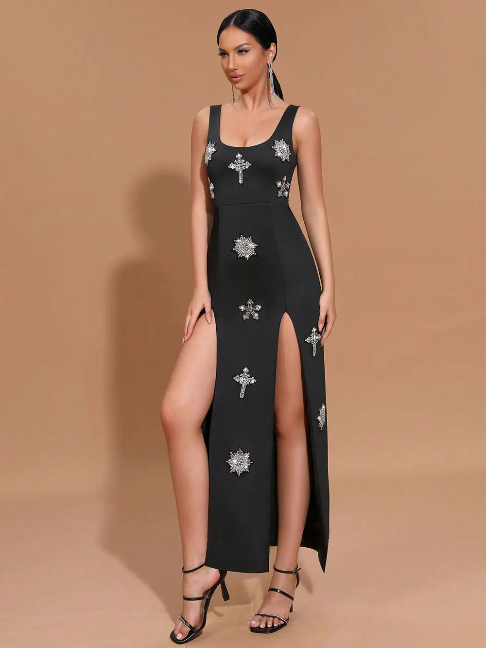2025 Sexy Women's Light Luxury Nail Diamond Design Split Bandage Dress O-Neck Sleeveless Bodycon Black Long Dress Party Vestidos