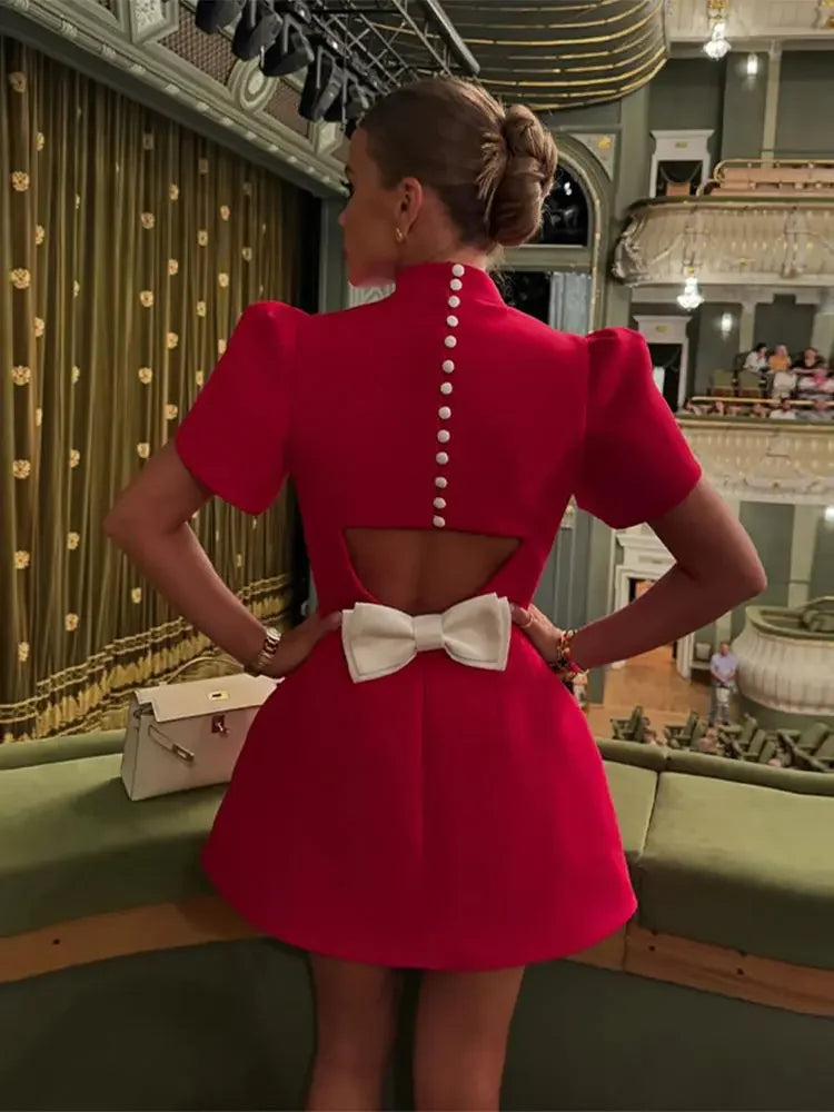 Fashion Red Bow Mini Dress Short Sleeve Women Pad Shoulder Dresses Backless Hollow Out Ladies Summer Chic A-line Party Vestidos Red