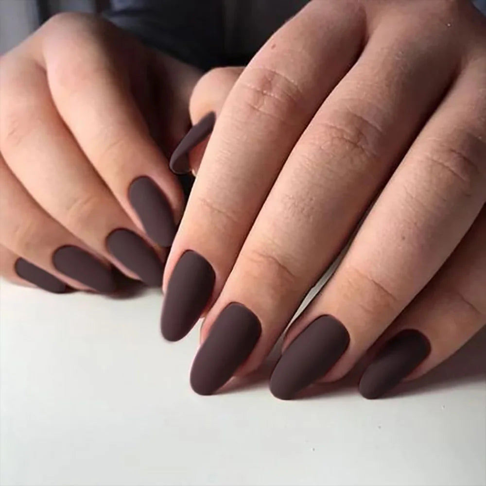 24pcs/set short fake nails for women girls almond ballet nail tips matte red nude brown faux ongles press on acrylic false nail ME429