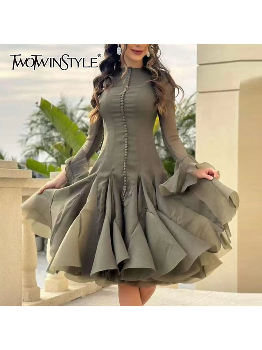 Solid Spliced Button Slimming Dresses For Women O Neck Long Sleeve High Waist Patchwork Ruffles Female Fashion New