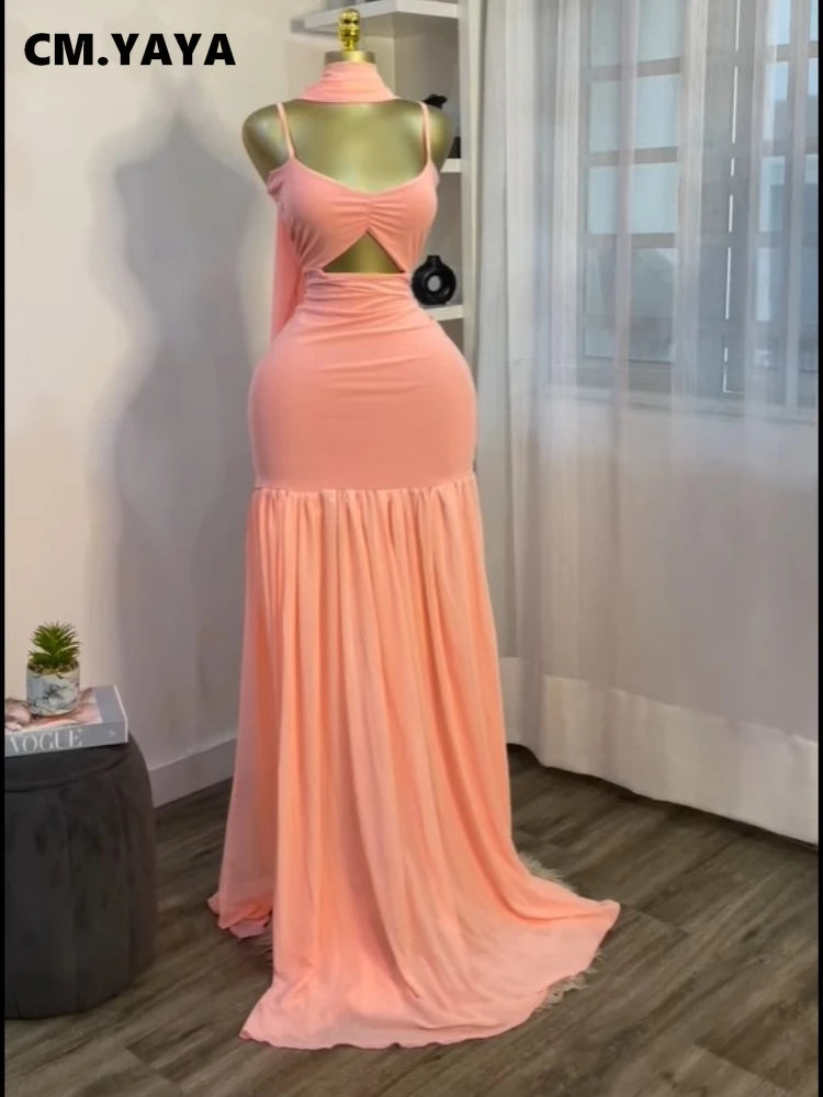 CM.YAYA Women Sleeveless Strap Ruched V-neck Pleated Side Split A-line Midi Maxi Long Dress 2025 Birthday Sexy Party Dresses Pink