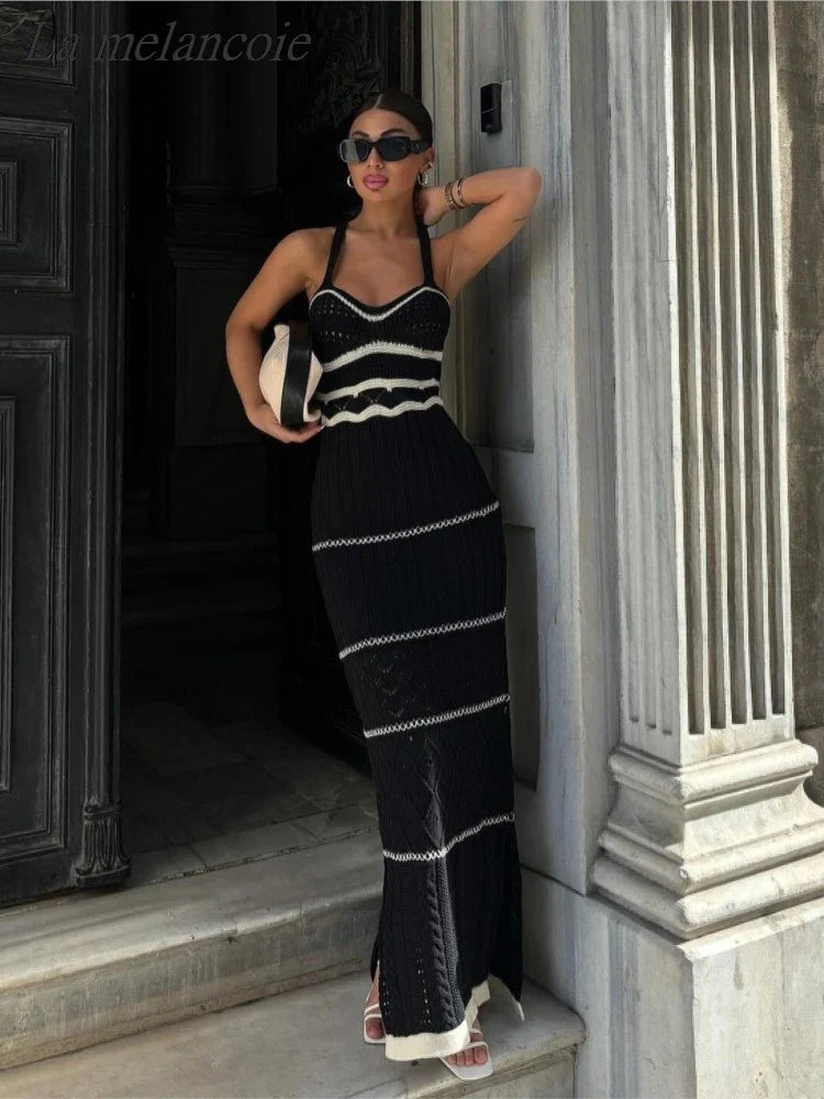 Knitted Long Dress Women Sexy Hollow Out Slim Suspenders Dresses New Summer Sleeveless Backless Beach Holiday Party Dress