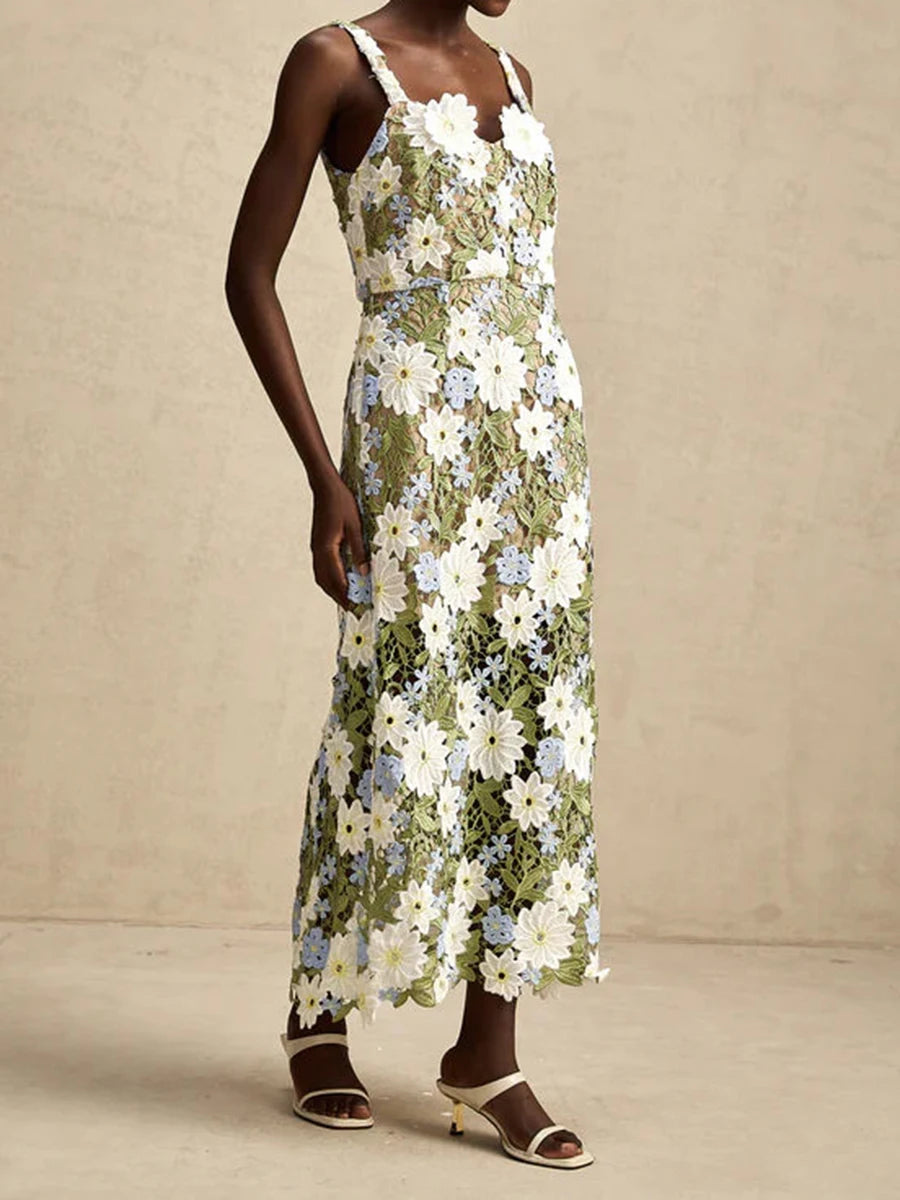 Colorblock Slimming Fashion Midi Dresses for Women Square Neck Sleeveless Patchwork Applique Dress Female Clothing