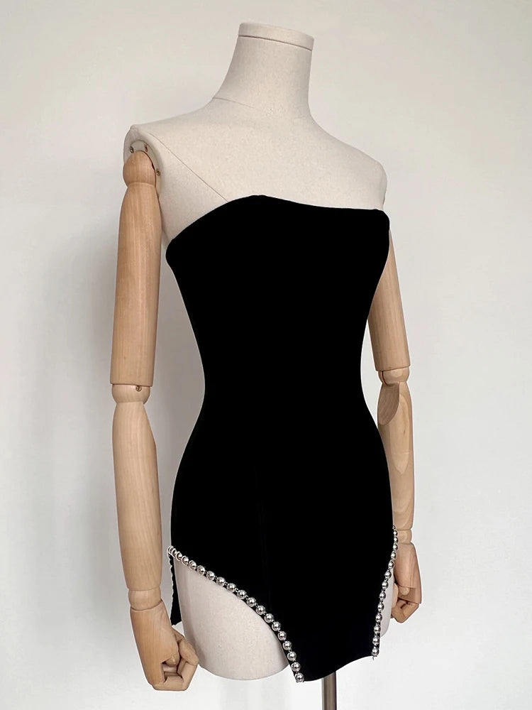 Sexy Strapless Balck Mini Dress Women Chic Rivet Design Bodycon Bandage Night Club Party Dress