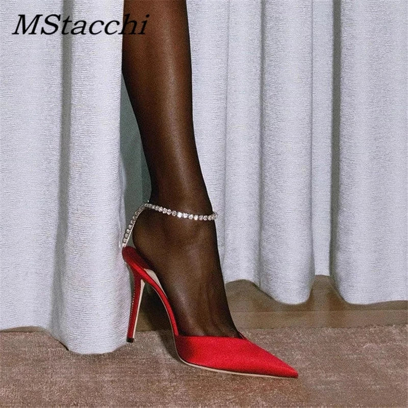 Luxury Rhinestones Chains Women Pumps Designer Sandals High Heels Summer Ankle Strap Party Shoes Star Style Wedding Prom Shoes Red