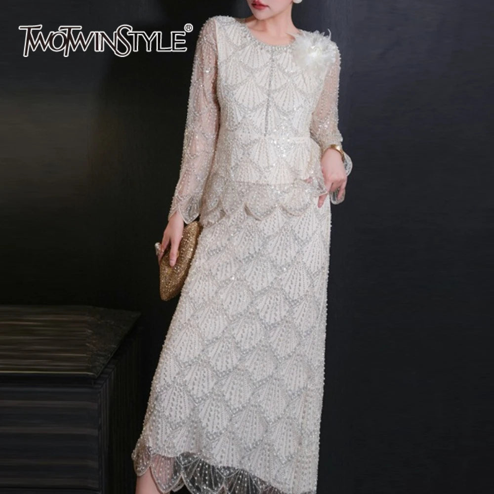 Spliced Bead Luxurious Two Piece Sets for Women Round Neck Long Sleeve Patchwork 3D Flower Top Skirt Set Female New