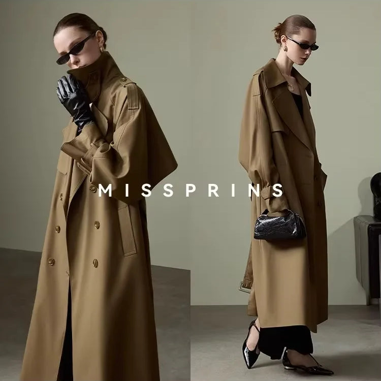 Lautaro Spring Autumn Long Khaki Trench Coat for Women Belt Double Breasted Chic Luxury Designer European Fashion Clothes 2025