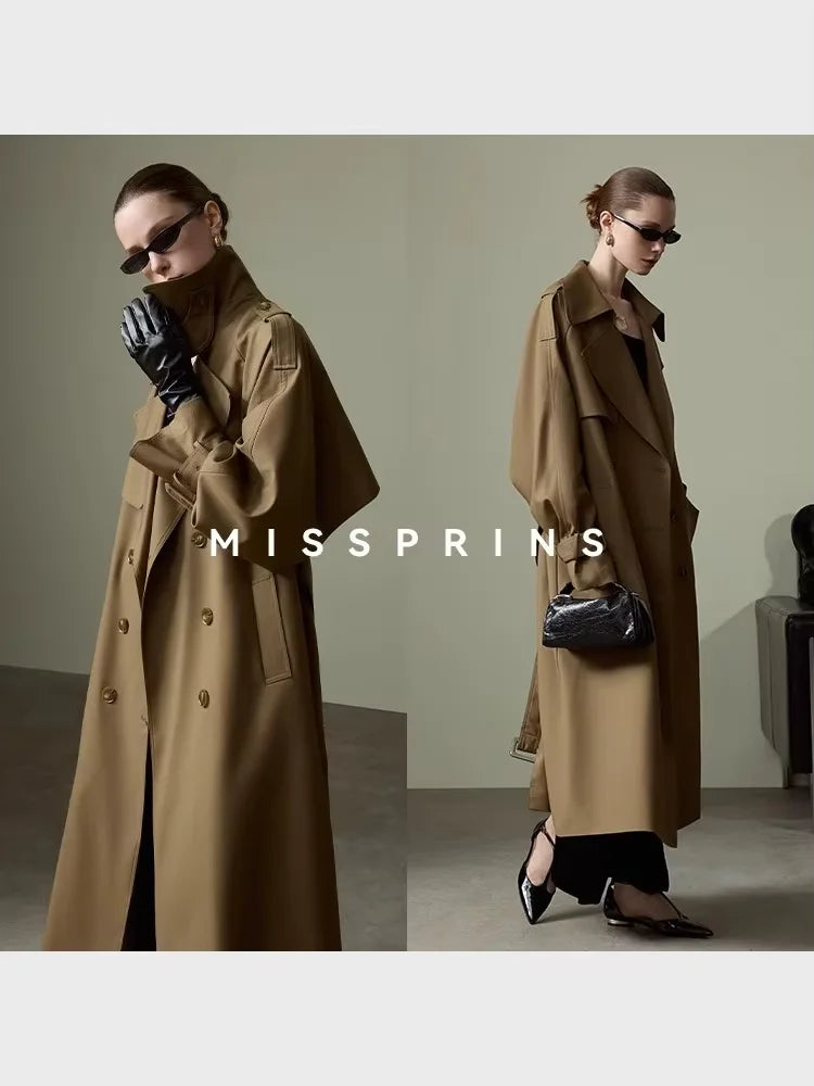 Lautaro Spring Autumn Long Khaki Trench Coat for Women Belt Double Breasted Chic Luxury Designer European Fashion Clothes 2025