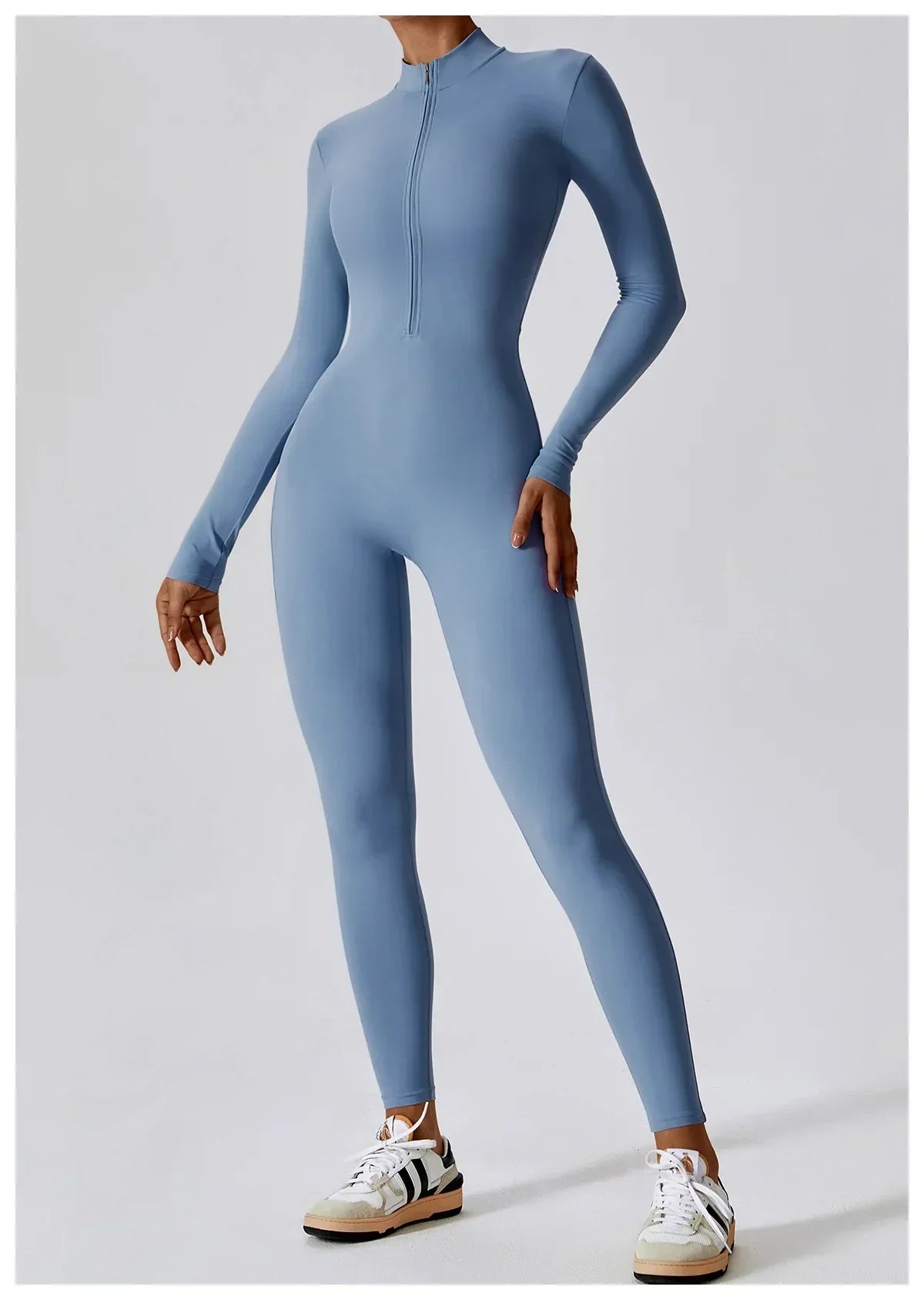 Yoga Jumpsuit Women Seamless Sports Zipper Jumpsuit Set Gym Long Sleeve Fitness Suit Elastic Gym Workout Bodysuit Athletic Wear Steel Blue