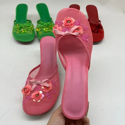 2025 Summer Spring Women Slippers for Woman Mesh Flower High Heeled Shoes Sexy Ladies Slip-On Non-Slip Round Toe Wedding Sandals Pink