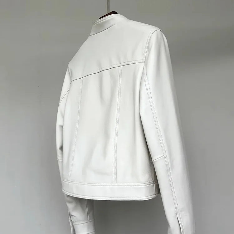 Lautaro Spring Autumn Short White Soft Pu Leather Jacket Women Stand Collar Long Sleeve Elegant Chic Luxury Designer Clothing