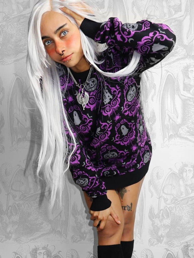 Yangelo Gothic Halloween Women's Pullover Round Neck Pumpkin Pattern Loose Long Sleeve Warm Autumn and Winter Street Y2K Sweater