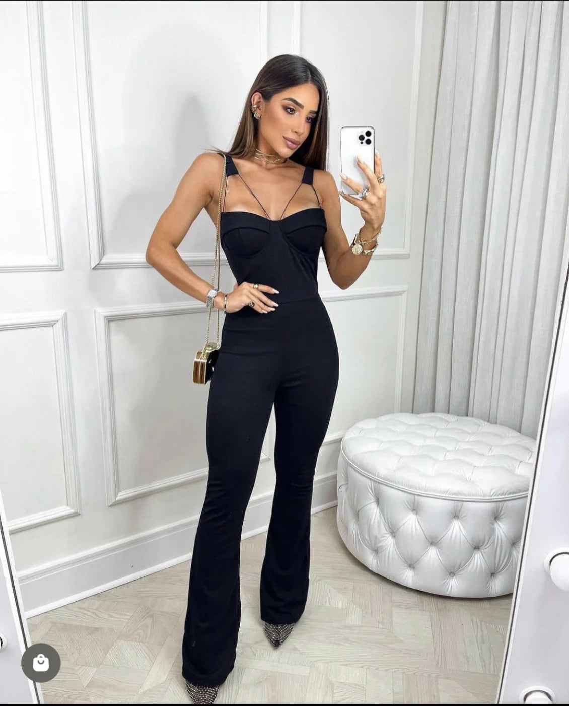 2023 Sexy Hollow Out Spaghetti Strap Boot Cut Black Bandage Jumpsuit Fashion's Sexy Woman Evening Party Outfit