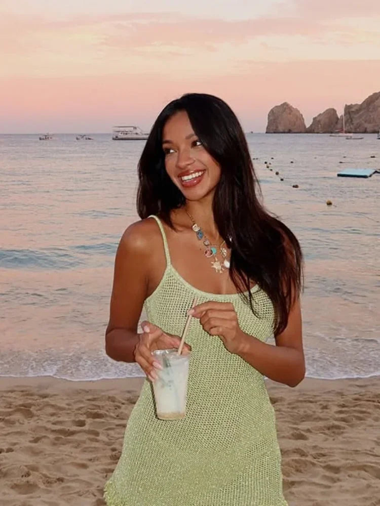 Sexy Solid U Neck Slim Fit Spaghetti Strap Mini Dress Chic Sleeveless Tassel Patchwork Vestidos New Lady Cocktail Party Dresses