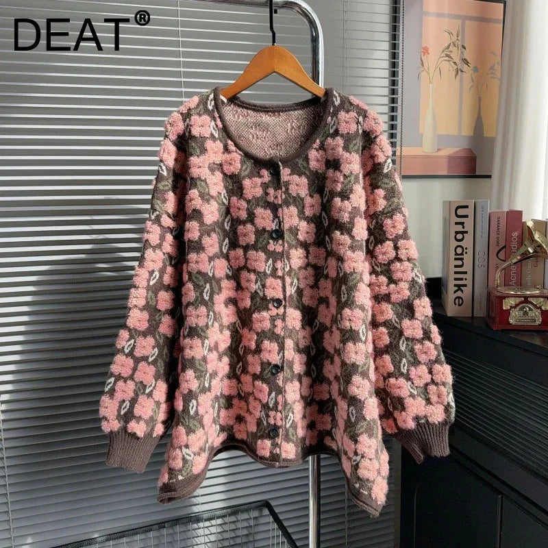 Autumn Winter New Heavy Jacquard Knitted Cardigan For Women Casual Loose High-End Lazy Style Sweater Coat 11A07748