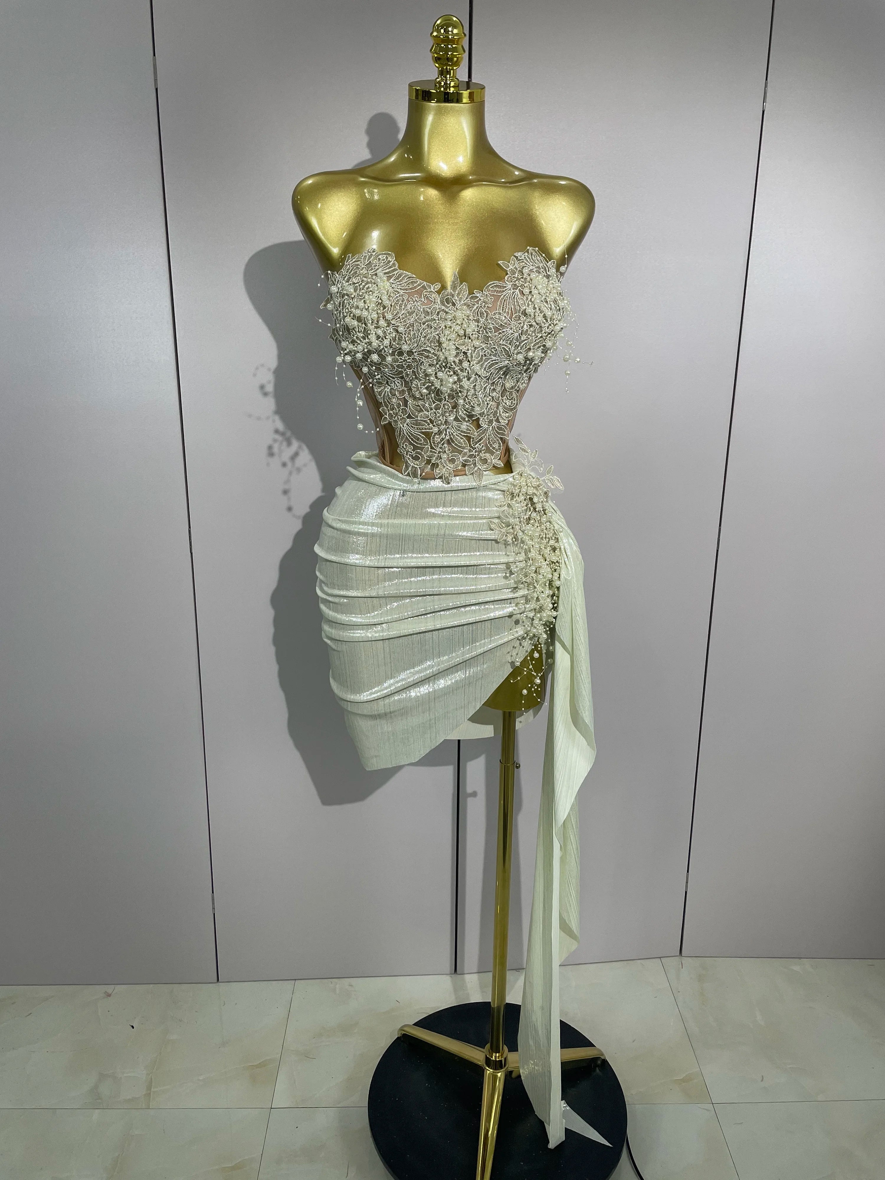 STOCK Luxury Shining Pearls Sexy Asymmetrical Skirt 2 PCS Set 2025 Women Evening Birthday Party Stage Dancer Performance Costume Beige